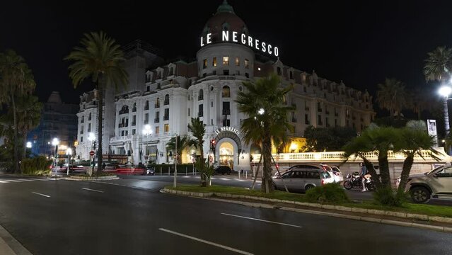 Nice, France, Timelapse - The Negresco palace beside the Promenade des Anglais in Nice at night
