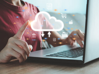 woman using cloud, cloud computing and communication concept. Accessing large online data files large database data management