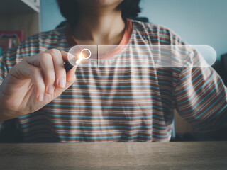 girl using digital search icon on the virtual window large database search knowledge from around the world