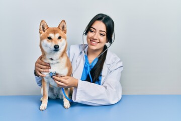 Beautiful hispanic veterinarian woman checking dog health smiling with a happy and cool smile on...