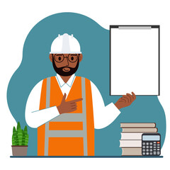 Male builder in a protective helmet and an orange vest. A man holds a clipboard with white paper on which there is a place for text.