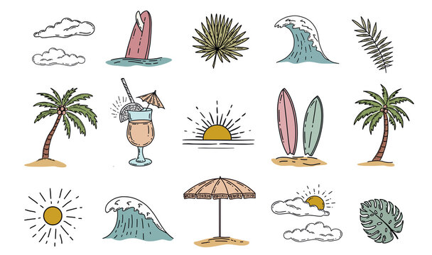 Summer icon set, hand drawn illustration.