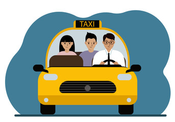 Yellow taxi car. A man in a shirt and tie, a taxi driver, carries a man and a woman passengers. Front view.