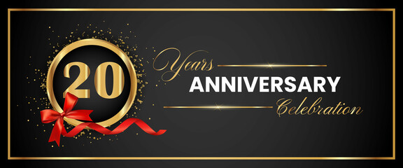 20 Years Anniversary Celebration Gold and Black Color Vector. anniversary celebration logotype with elegant modern number gold color for celebration, gold anniversary celebration, bow, ribbon, luxury.