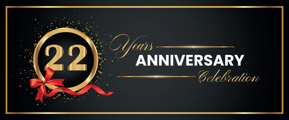 22 Years Anniversary Celebration Gold and Black Color Vector. anniversary celebration logotype with elegant modern number gold color for celebration, gold anniversary celebration, bow, ribbon, luxury.