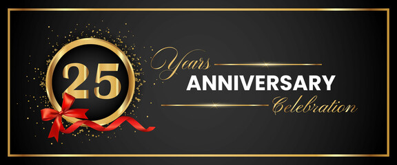 25 Years Anniversary Celebration Gold and Black Color Vector. anniversary celebration logotype with elegant modern number gold color for celebration, gold anniversary celebration, bow, ribbon, luxury.