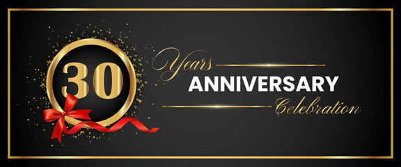 30 Years Anniversary Celebration Gold and Black Color Vector. anniversary celebration logotype with elegant modern number gold color for celebration, gold anniversary celebration, bow, ribbon, luxury.