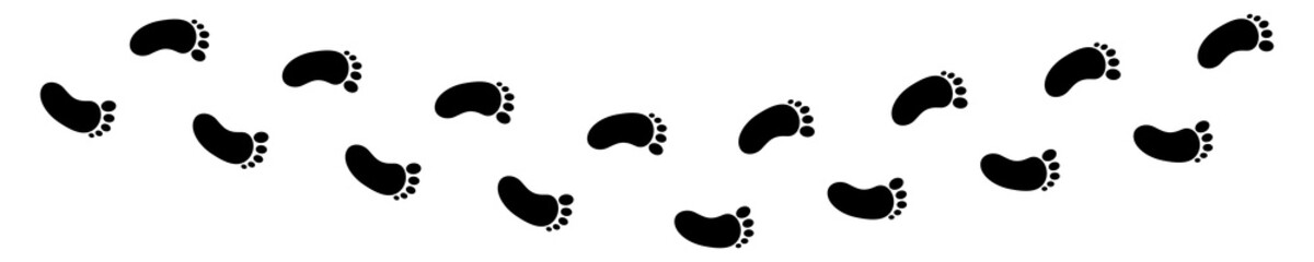 Bare footprint footstep. Human step footprints paths. Black footprints on white background. Vector 10 EPS.