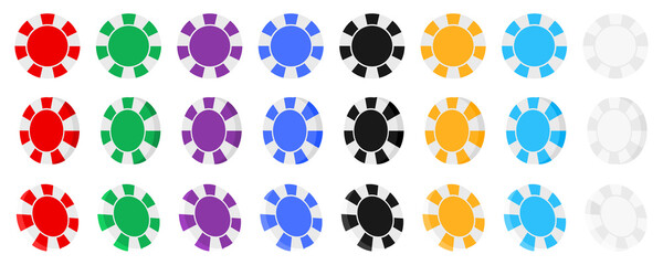 Collection poker and casino chips on white background. Flying casino  chips. Vector set.
