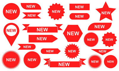 New red stickers collection. Discount badge. Red label price. Set with sale stickers. 