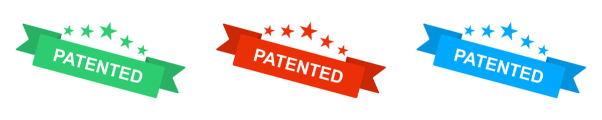 Patented label vector set. Patent stamp badge on white background. Patented certificate product.