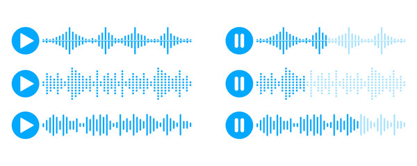 Blue voice message vector icon set. Audio message  with voice waveform. Sound wave for social media.