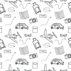 Travel seamless pattern vector illustration, hand drawing doodles
