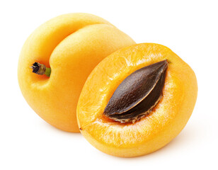 Apricot or yellow plum and half with kernel isolated on white background with clipping path. Full depth of field.