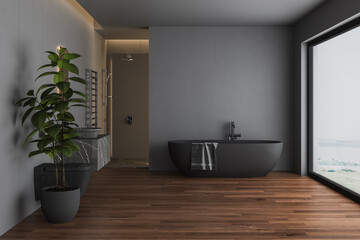 Dark bathroom interior with black parquet floor, black bathtub, black toilet and square mirrors, shower, front view. Minimalist black bathroom with modern furniture. 3d rendering
