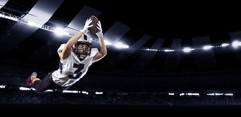 Dynamic portrait of male american football player in sports equipment at stadium in motion on dark background with flashlights. Collage, poster. Flyer for ad, design © master1305