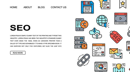SEO landing page design template. Bookmark, Hosting, Hyperlink, Advertisement, Data Transfer illustration for website design, business presentation.