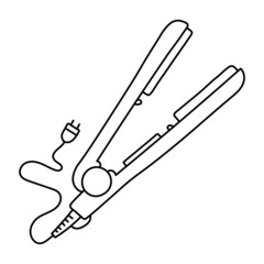 Hair straightener. Hairdressing equipment line sketch. Professional hair dresser tool. Hand drawn doodle icon. Vector illustration. Barber symbol