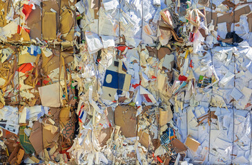 Paper recycling. close up of stacked waste paper in front of a recycling facility