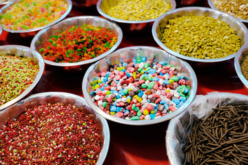 Indian variety of traditional mouth freshener in bowl for sale, mukhwas, poona, traditional Indian mouth freshener.