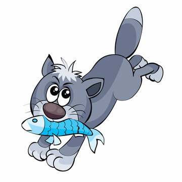 gray cat, cute character runs away with a stolen fish in his mouth, cartoon illustration, isolated object on a white background, vector,