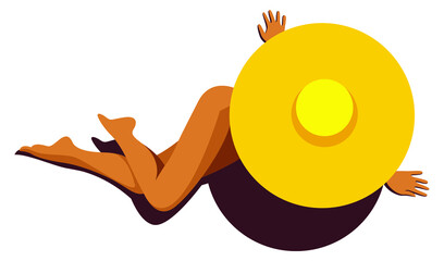 vector image on the theme of summer holidays. tanned girl sits on the beach under a big hat and sunbathes in a tropical resort isolated on white background. useful for advertising summer vacations.