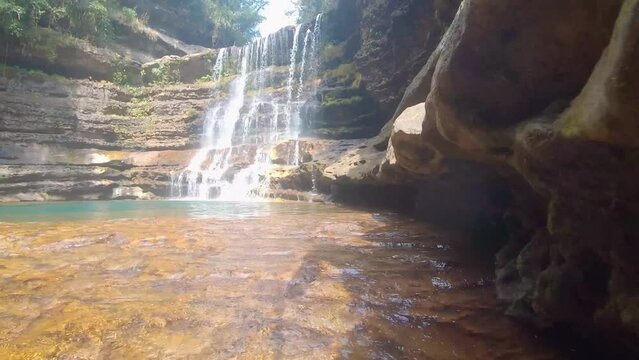 natural waterfall clear white streams falling from rocks from different perspective video taken at wei sadong waterfalls cherrapunji meghalaya india.
