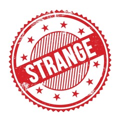 STRANGE text written on red grungy round stamp.