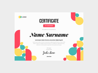 Modern and minimalist certificate template showcasing a colorful circle square geometric mosaic pattern. The design is sleek and contemporary, featuring a mosaic-inspired layout with vibrant hues.