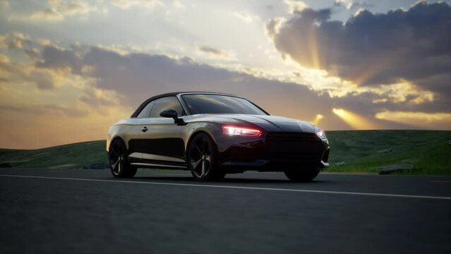 Black car driving on an asphalt highway. Beautiful sunset landscape. Road trip in a sun rays on horizon. 
