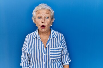 Senior woman with grey hair standing over blue background afraid and shocked with surprise expression, fear and excited face.