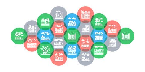 Landscape flat vector illustration. Bridge, Forest, Garden, Volcano, Windmill concept for banner, website design or landing web page.