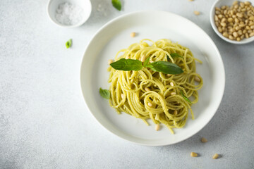 Traditional spaghetti with pesto sauce