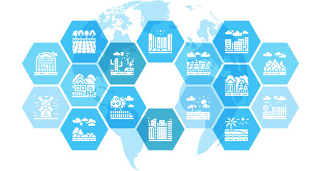 Landscape thin icons vector illustration. Bridge, Forest, Garden, Volcano, Windmill design concept elements for graphic web design.