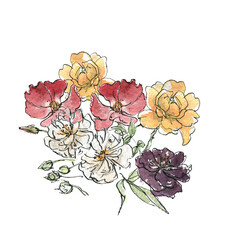 An elegant floral arrangement, a bouquet of colorful roses. Floral element for postcards, invitations, posters, ads. Luxury designs.