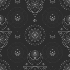 Seamless pattern with sacred geometric symbols. Background with magical signs.