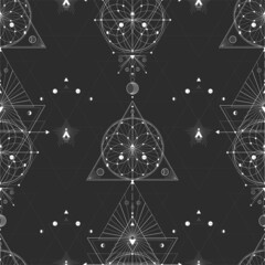Seamless pattern with sacred geometric symbols. Background with magical signs.