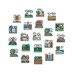 Landscape icons set. Bridge, Forest, Garden, Volcano, Windmill icons banner in a circle isolated on white background.