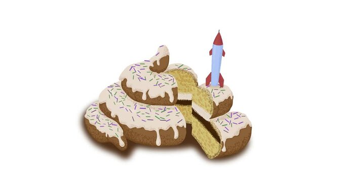 A pile of poo or birthday cake with a piece cut off and a candle as rocket taking off on a transparent background.  Animation with an alpha channel.