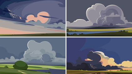 Collection of landscapes with thunderstorm. Beautiful natural sceneries.