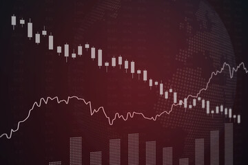 Dark red finance background with numbers and graphs. Stock market concept