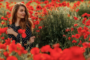 Naklejka premium Young beautiful woman with long hair in a poppy field