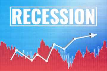 Word Recession on blue and red finance background with arrow. Global economy concept