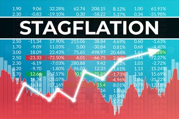 Word Stagflation on blue and red finance background. Financial market concept