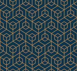 Art deco line art. Cube grid pattern in gold and blue color. Decorative seamless background.