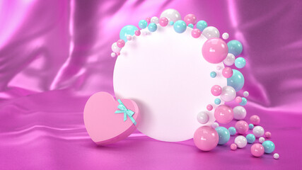Postkartenmotiv mit Textfeld verziert mit rosa-hellblau-weißen Perlen und Herzgeschenkbox mit Schleife auf pinkem Satinhintergrund