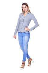 Beautiful woman in jeans posing isolated on white background