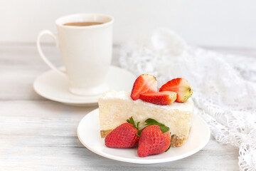 Classic sliced cheesecake with fresh berries - strawberry, raspberries and  blueberries, close up. No baked, Tasty cake with cheese  
