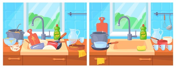 Fototapeta premium Sink messy dishes. Washing dirty dish after cooking on kitchen tap cleaning cup and plate from food, clean shiny utensils in washbasin wash sponge, cartoon neat vector illustration