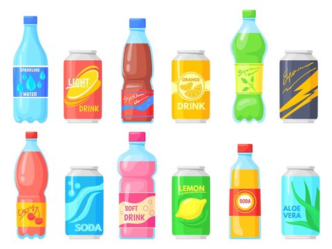 Bottles fizzy drinks. Nonalcoholic drink bottle and can soda beverage, cold pop sprite with orange sweet juice, drinking energy water